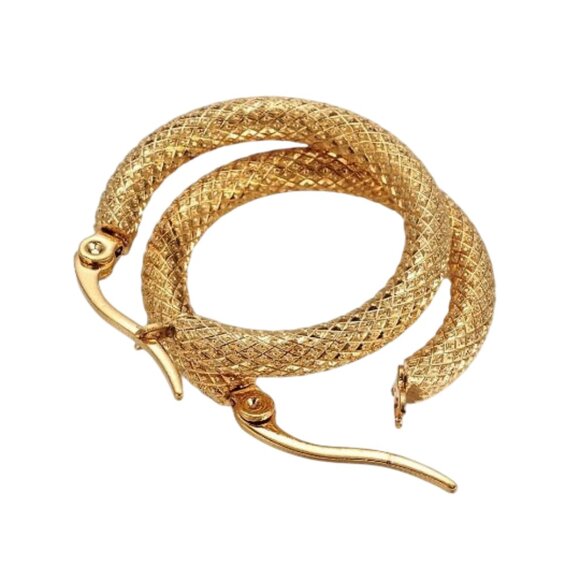 1" Geometric Pattern Hoop Pierced Post Earrings Gold Tone 25mm Imprinted Large - Picture 2 of 3